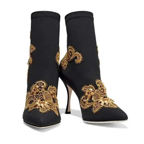 DOLCE & GABBANA Lori 100 Baroque Embroidery Lace Stretch Sock Boot Black Gold 36 - Picture 3 of 8